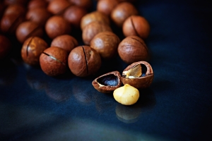 Macadamia nuts on blue cloth